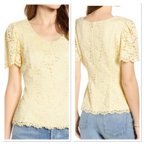 New Rachel Parcell Yellow Clover Lace Blouse Top Short Flutter Sleeve Size‎ L - Picture 2 of 11
